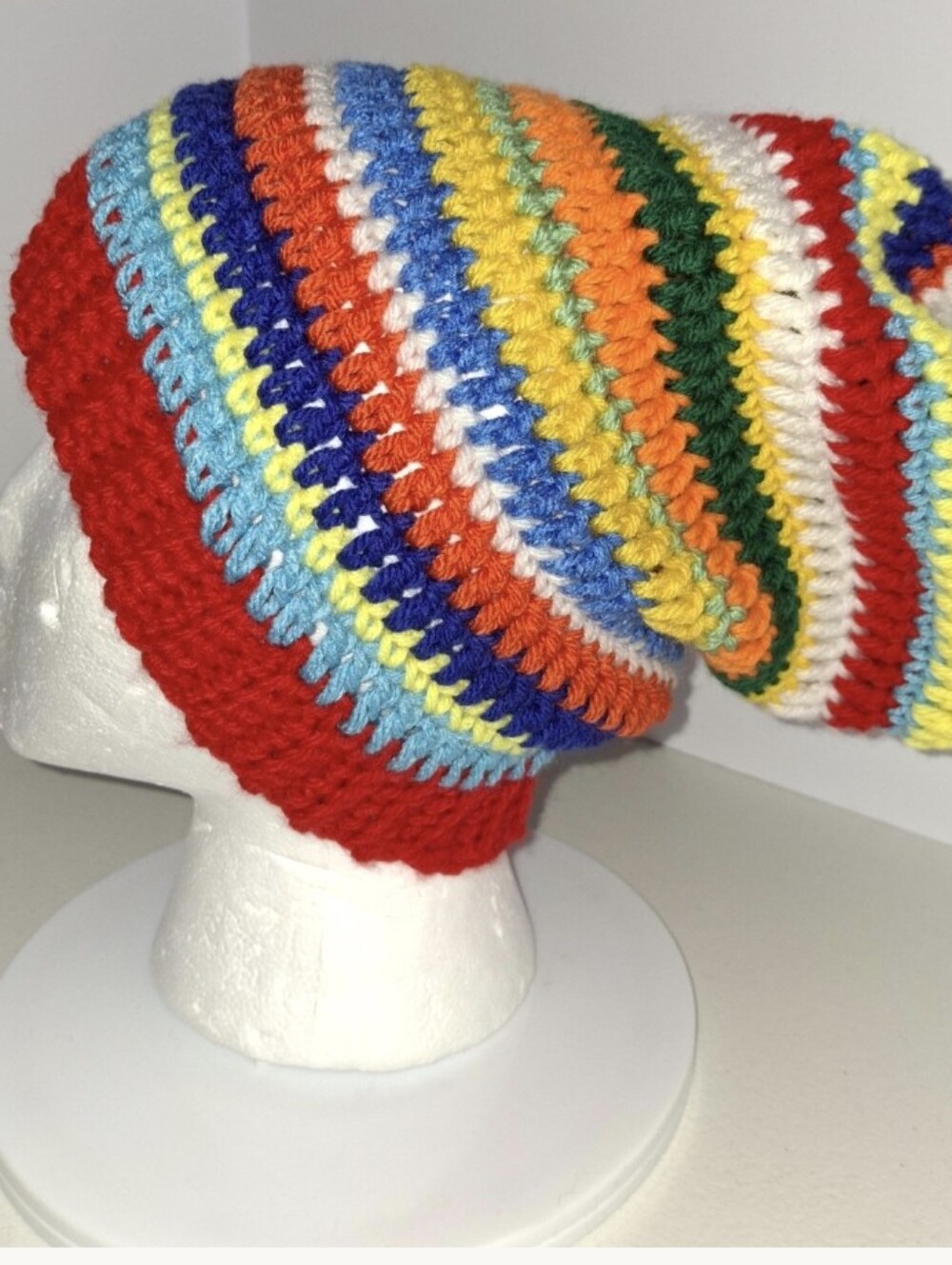 Beanie Slouchy Cap XL Multicolored Striped Crocheted Handmade.